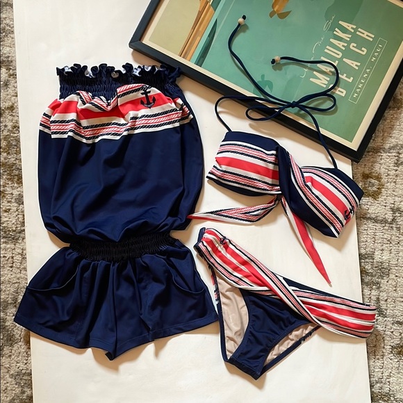 Loco Boutique Anchor / Striped Bikini & Strapless Romper Set Romper S Bikini M